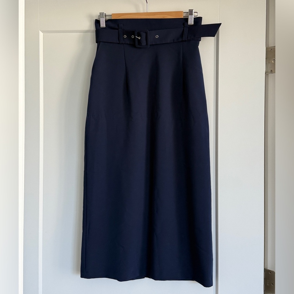 🔥LICHI Elegant Blue Midi Pleated A-Line Skirt Navy Blue with belt & pockets 🔥